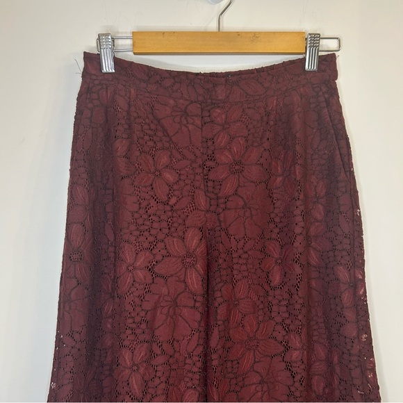 ZARA  Floral Lace Culottes Trousers Pants High Waist Cropped Maroon Burgundy - Picture 4 of 13